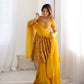 Lorenvalley Women Pure Soft Roman silk Chanderi Discharge Print Fabric Kediya Kurta Palazzo with Dupatta Set - Yellow - Swadesiicart