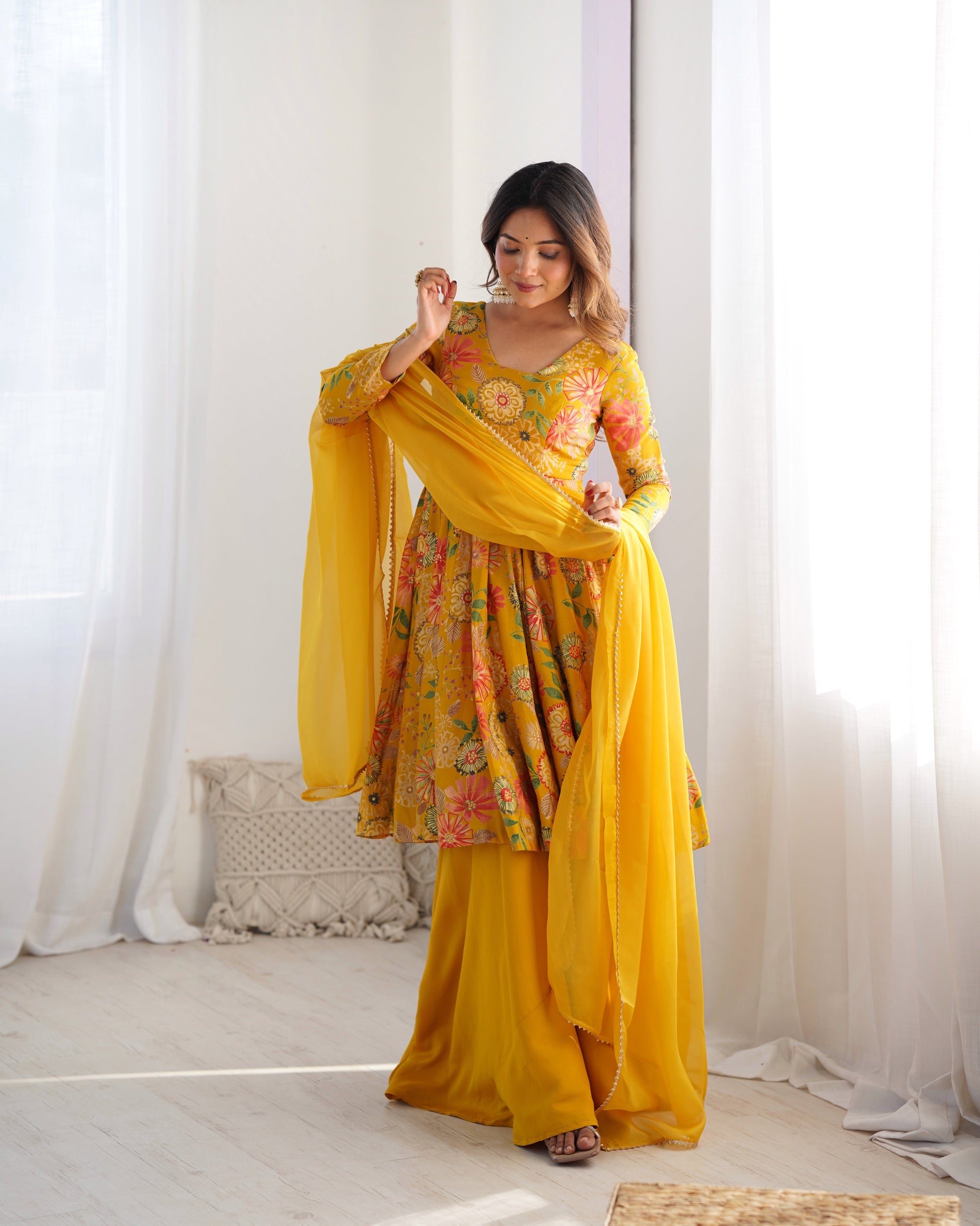 Lorenvalley Women Pure Soft Roman silk Chanderi Discharge Print Fabric Kediya Kurta Palazzo with Dupatta Set - Yellow - Swadesiicart