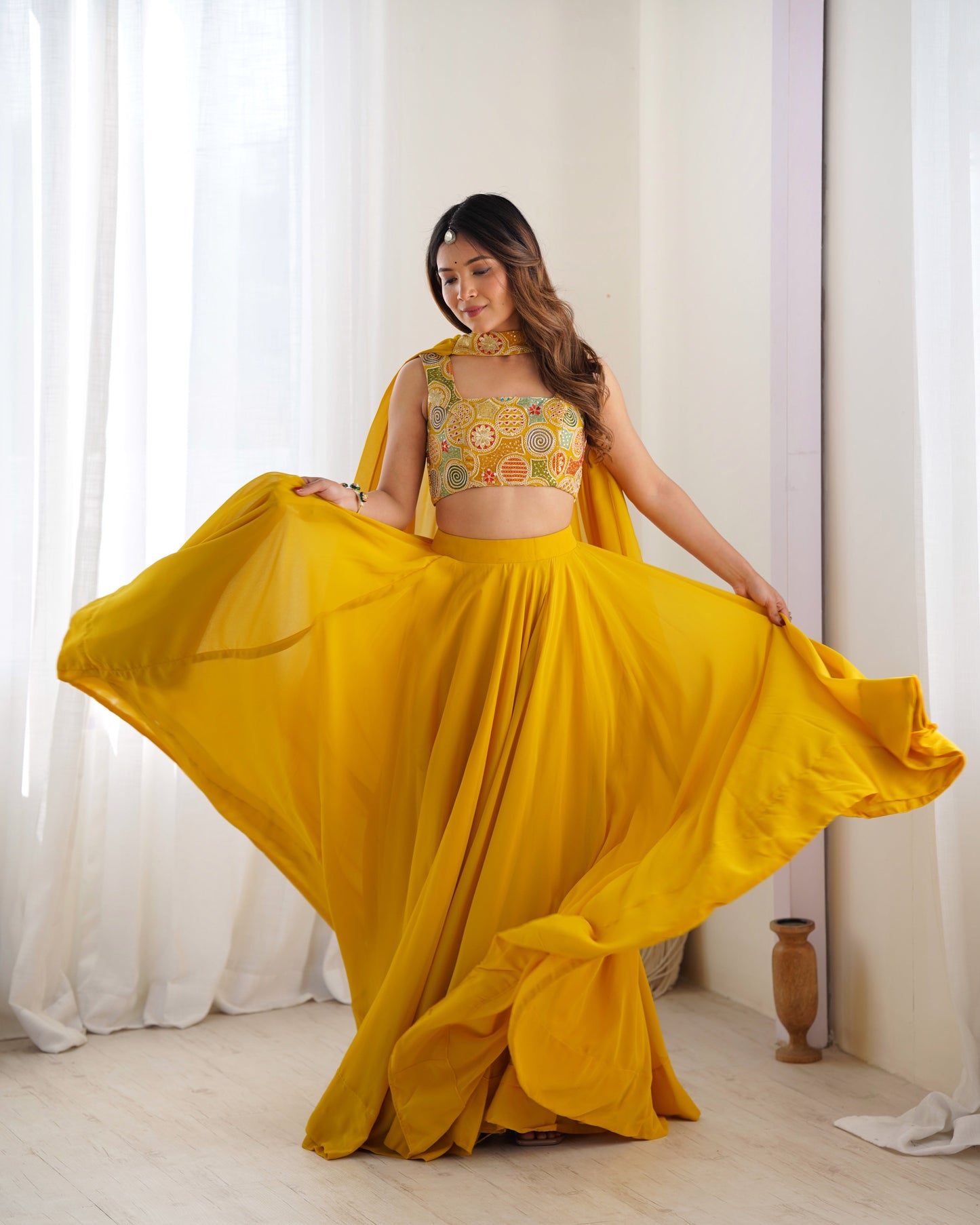 Lorenvalley Yellow Faux Georgette Stitched Lehenga Embroidery Blouse with Dupatta | Swadesiicart