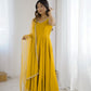 Lorenvalley Fashion Yellow Pure Romansilk Chanderi Fabric Yoke Fancy Lace Work Anarkali Kurta Pant With Dupatta Set - Swadesiicart