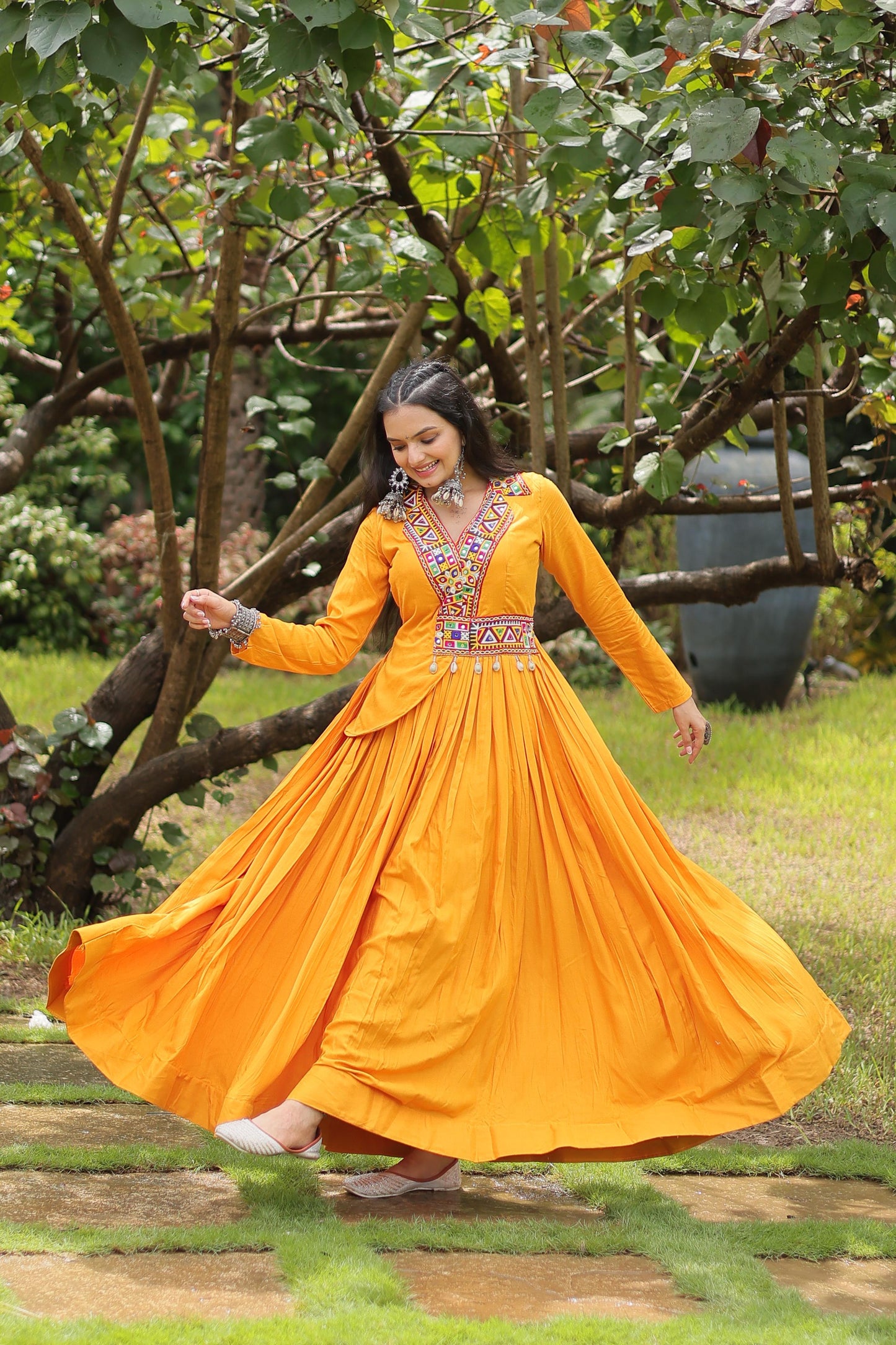 Lorenvalley Yellow Rayon Fabric With Kutchi Gamthi Work Gown | Swadesiicart