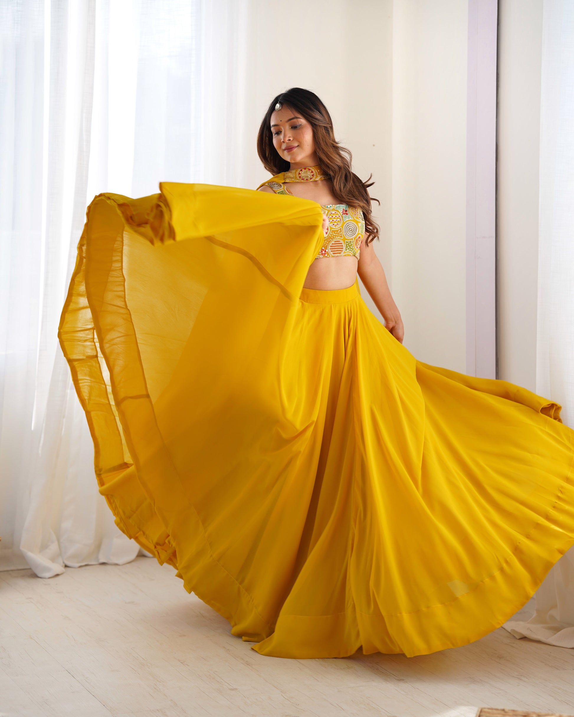 Lorenvalley Yellow Faux Georgette Stitched Lehenga Embroidery Blouse with Dupatta | Swadesiicart