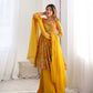 Lorenvalley Women Pure Soft Roman silk Chanderi Discharge Print Fabric Kediya Kurta Palazzo with Dupatta Set - Yellow - Swadesiicart