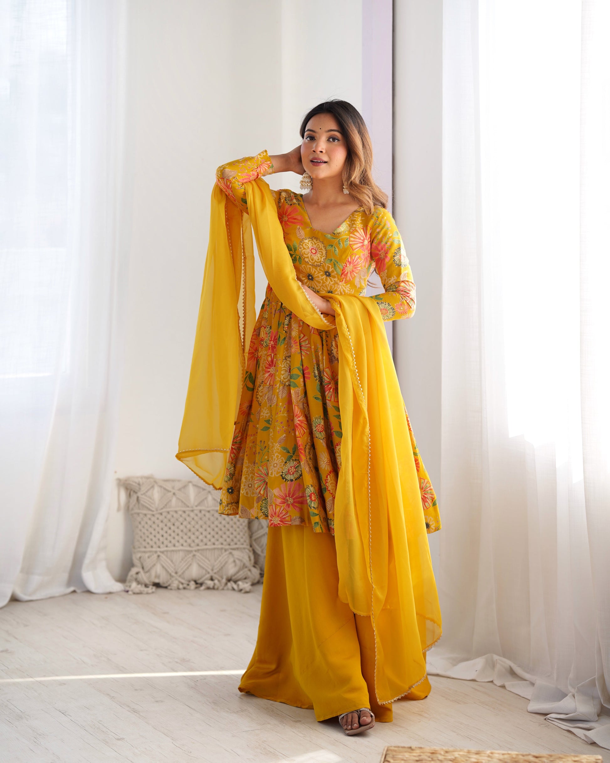 Lorenvalley Women Pure Soft Roman silk Chanderi Discharge Print Fabric Kediya Kurta Palazzo with Dupatta Set - Yellow - Swadesiicart