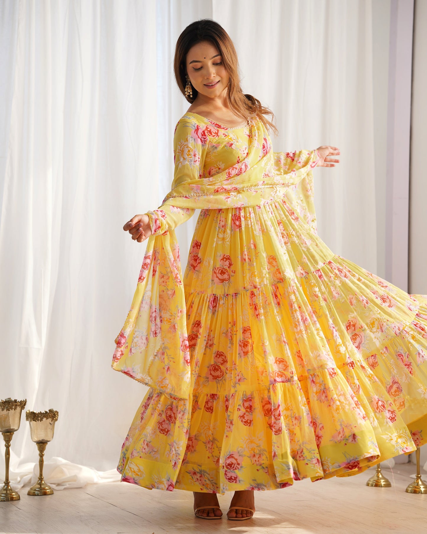 Lorenvalley Women Pure Soft Faux Georgette Floral Print Fully Flair Anarkali Kurta Pant With Dupatta Set - Yellow | Swadesiicart