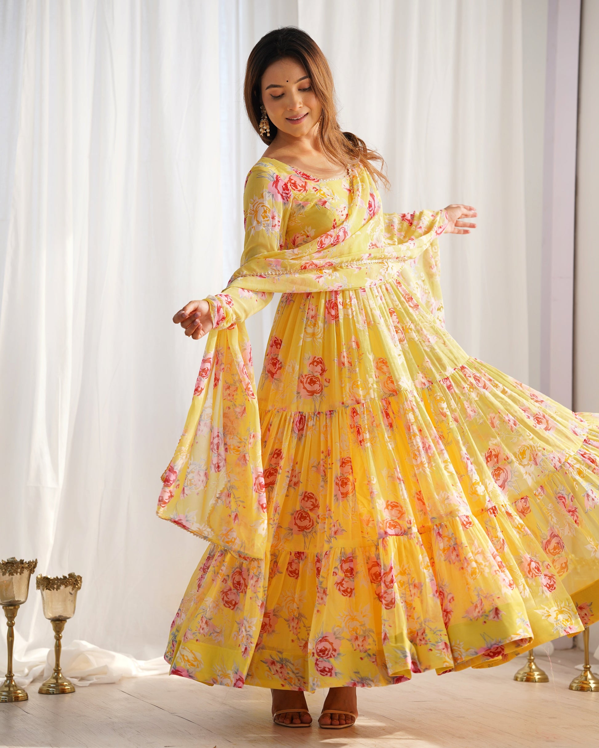 Lorenvalley Women Pure Soft Faux Georgette Floral Print Fully Flair Anarkali Kurta Pant With Dupatta Set - Yellow | Swadesiicart