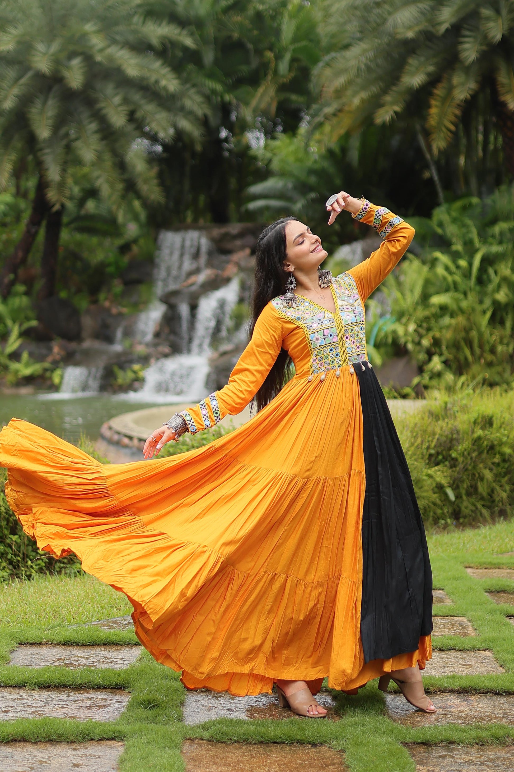 Lorenvalley Yellow Rayon Fabric With Kutchi Gamthi Work Gown | Swadesiicart