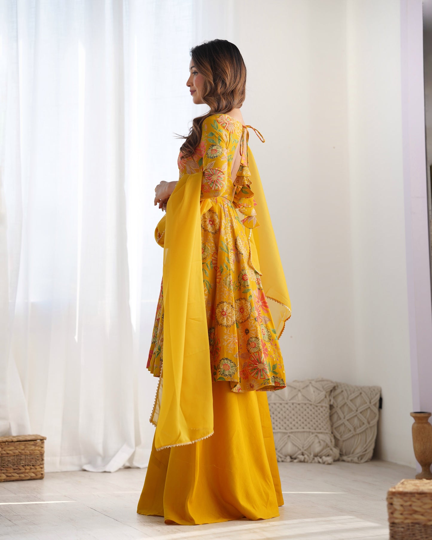 Lorenvalley Women Pure Soft Roman silk Chanderi Discharge Print Fabric Kediya Kurta Palazzo with Dupatta Set - Yellow - Swadesiicart