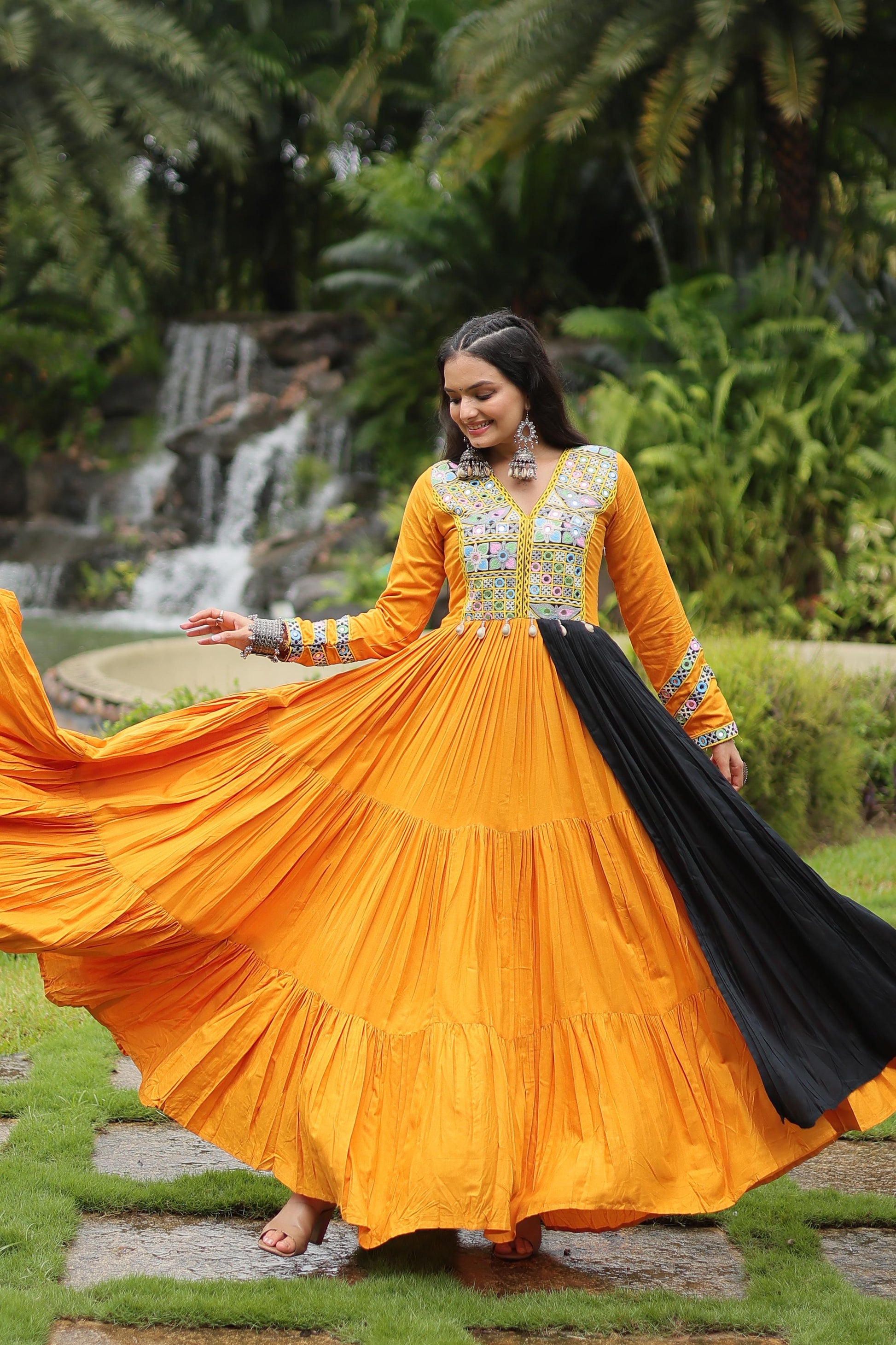 Lorenvalley Yellow Rayon Fabric With Kutchi Gamthi Work Gown | Swadesiicart