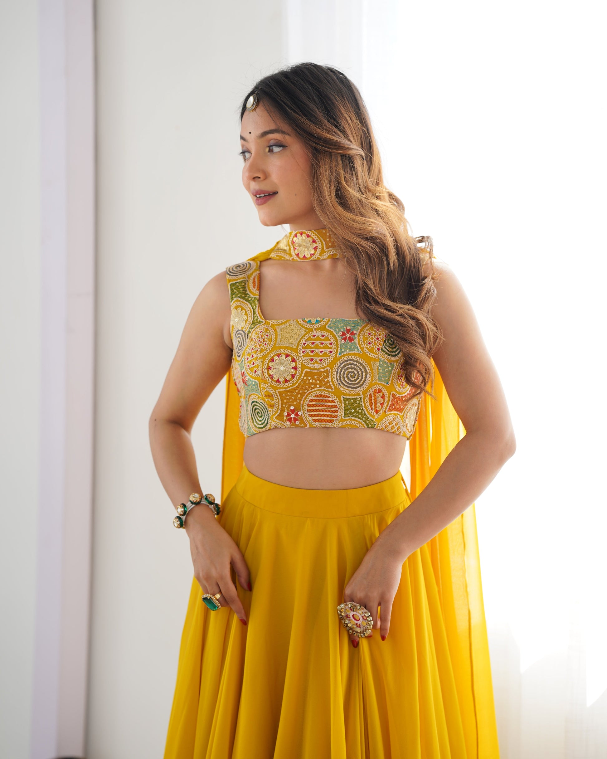Lorenvalley Yellow Faux Georgette Stitched Lehenga Embroidery Blouse with Dupatta | Swadesiicart
