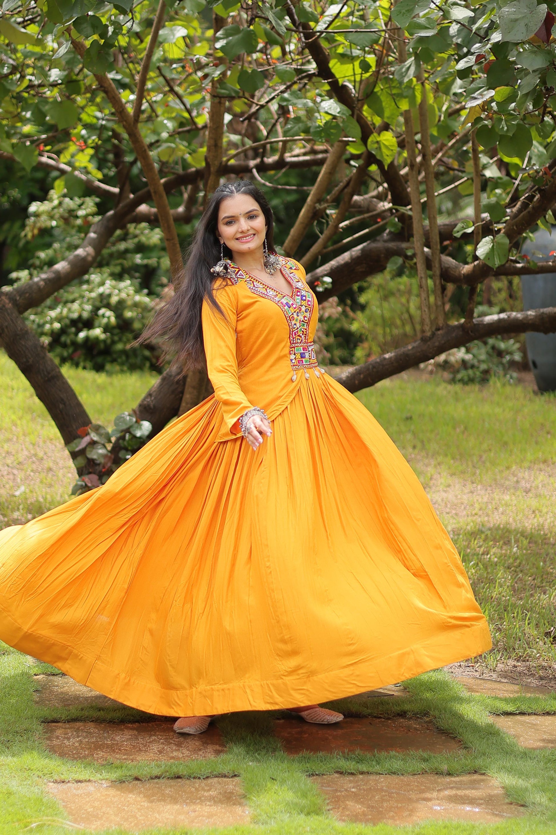 Lorenvalley Yellow Rayon Fabric With Kutchi Gamthi Work Gown | Swadesiicart