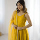 Lorenvalley Fashion Yellow Pure Romansilk Chanderi Fabric Yoke Fancy Lace Work Anarkali Kurta Pant With Dupatta Set - Swadesiicart