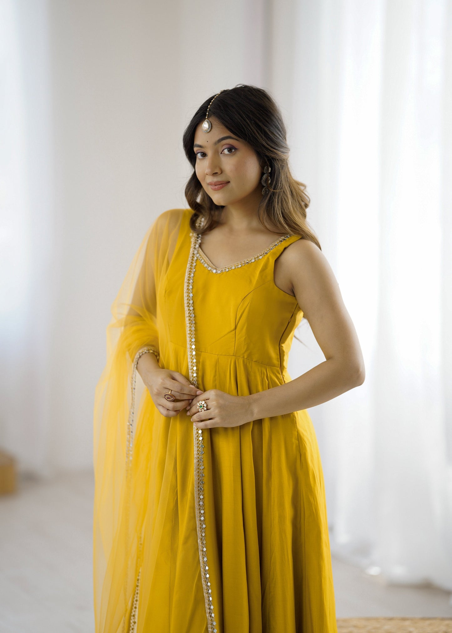 Lorenvalley Fashion Yellow Pure Romansilk Chanderi Fabric Yoke Fancy Lace Work Anarkali Kurta Pant With Dupatta Set - Swadesiicart
