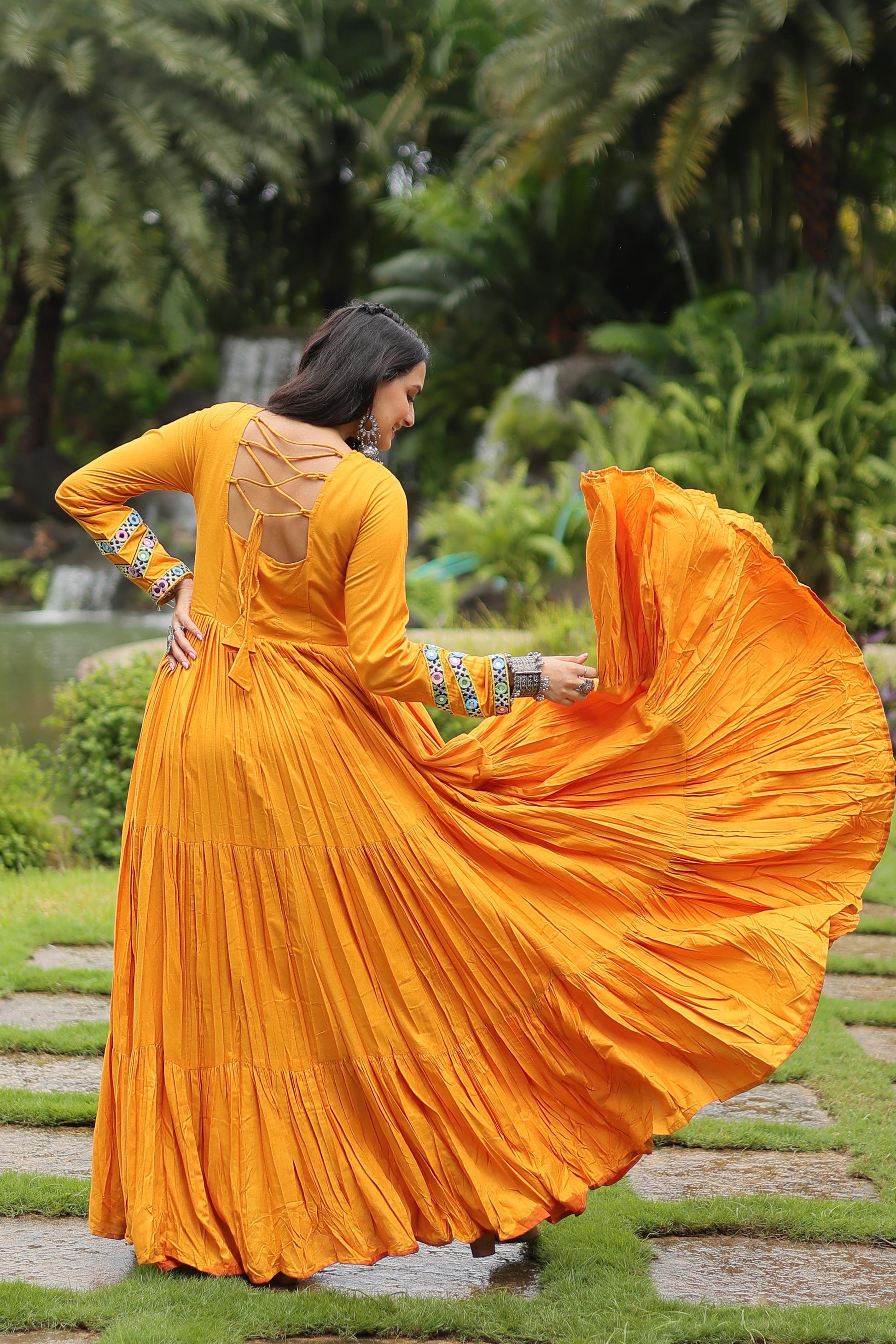 Lorenvalley Yellow Rayon Fabric With Kutchi Gamthi Work Gown | Swadesiicart