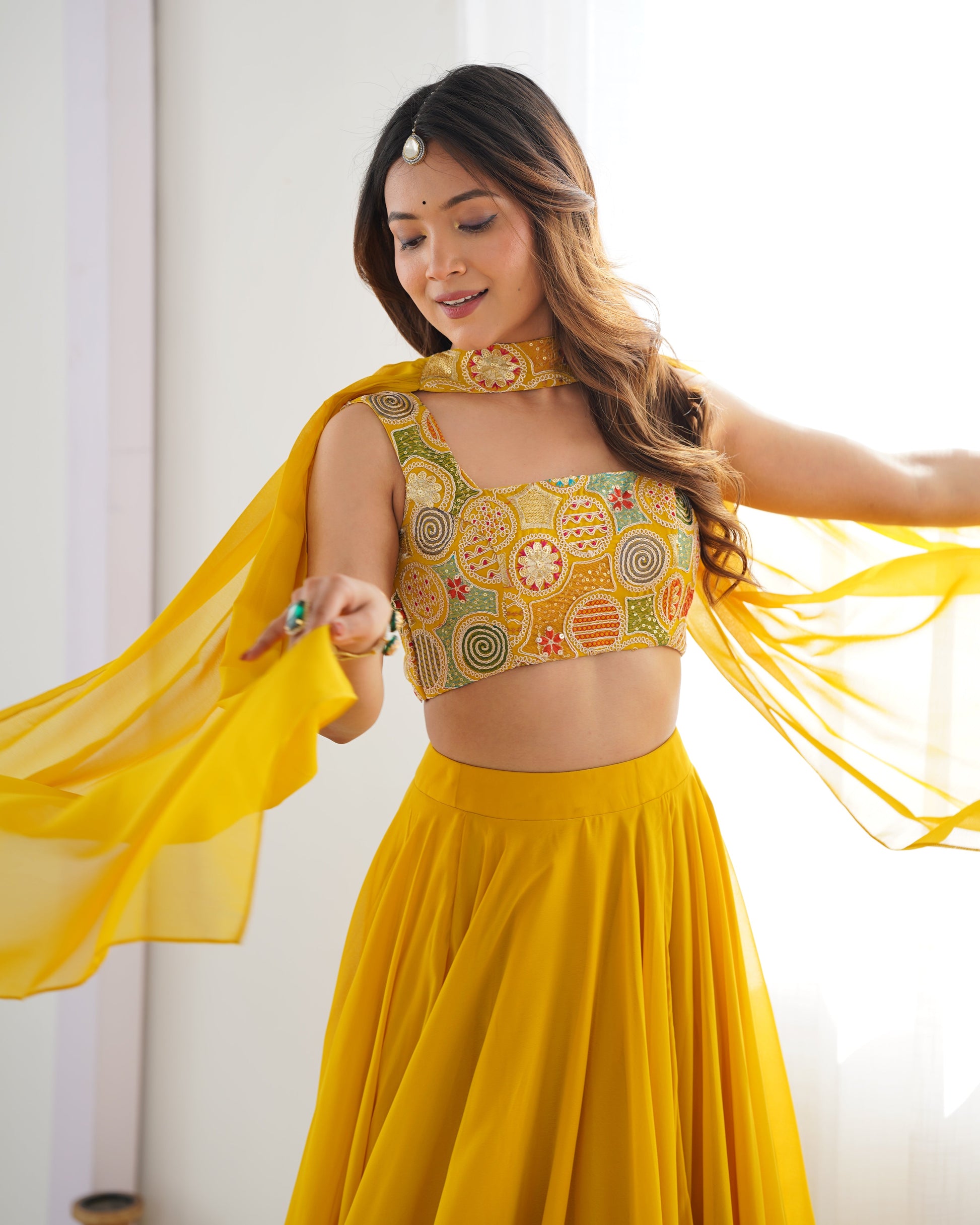 Lorenvalley Yellow Faux Georgette Stitched Lehenga Embroidery Blouse with Dupatta | Swadesiicart