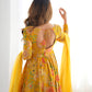 Lorenvalley Women Pure Soft Roman silk Chanderi Discharge Print Fabric Kediya Kurta Palazzo with Dupatta Set - Yellow - Swadesiicart