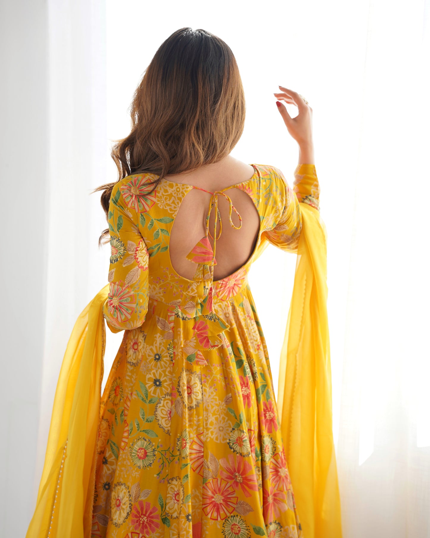 Lorenvalley Women Pure Soft Roman silk Chanderi Discharge Print Fabric Kediya Kurta Palazzo with Dupatta Set - Yellow - Swadesiicart