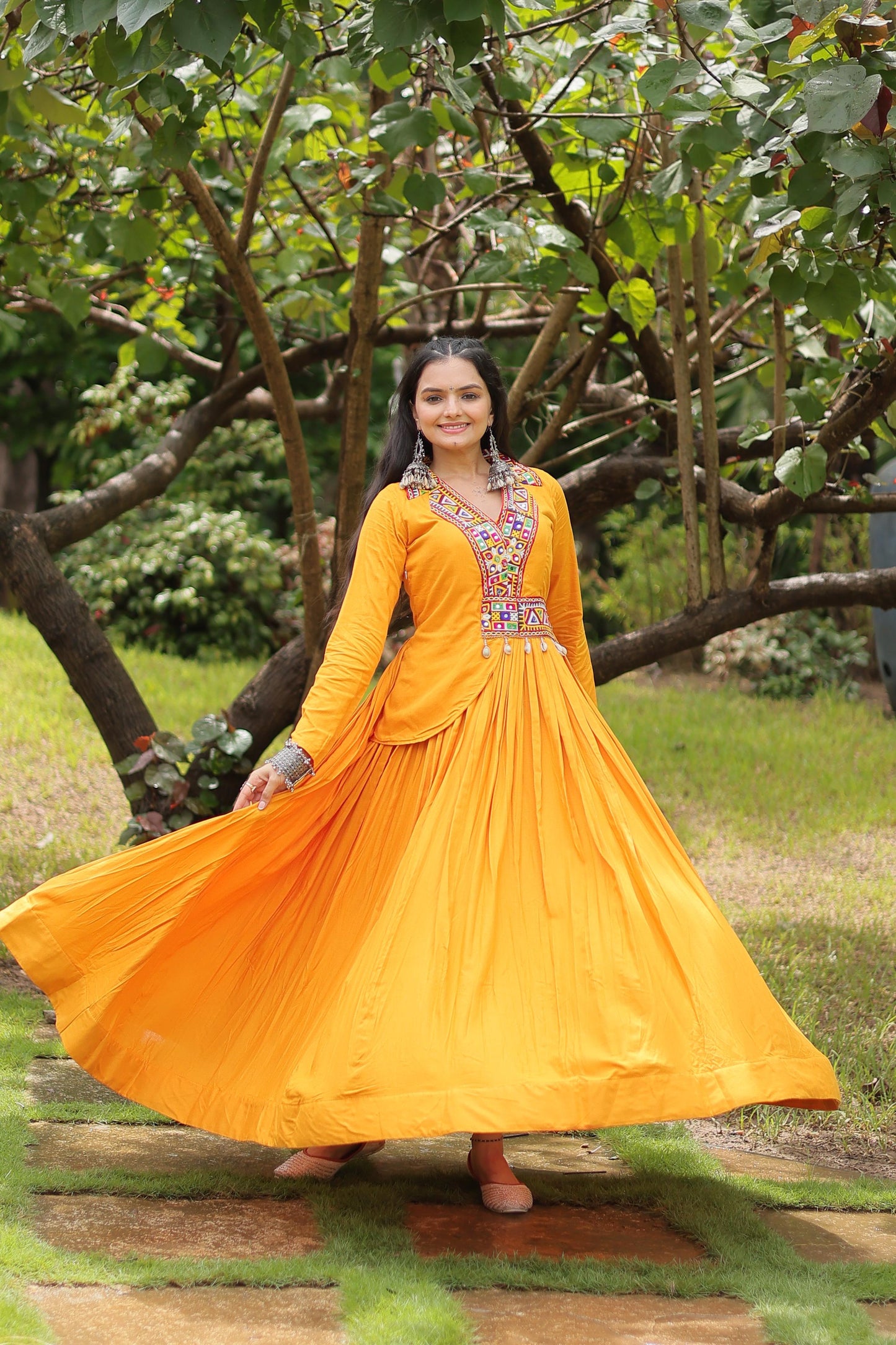 Lorenvalley Yellow Rayon Fabric With Kutchi Gamthi Work Gown | Swadesiicart