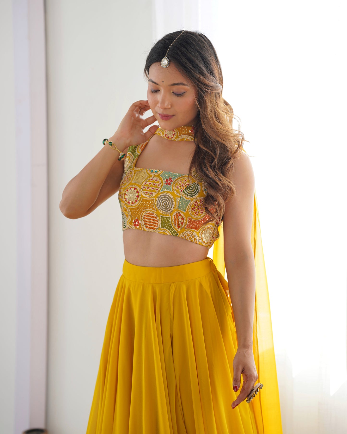 Lorenvalley Yellow Faux Georgette Stitched Lehenga Embroidery Blouse with Dupatta | Swadesiicart