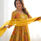 Lorenvalley Women Pure Soft Roman silk Chanderi Discharge Print Fabric Kediya Kurta Palazzo with Dupatta Set - Yellow - Swadesiicart