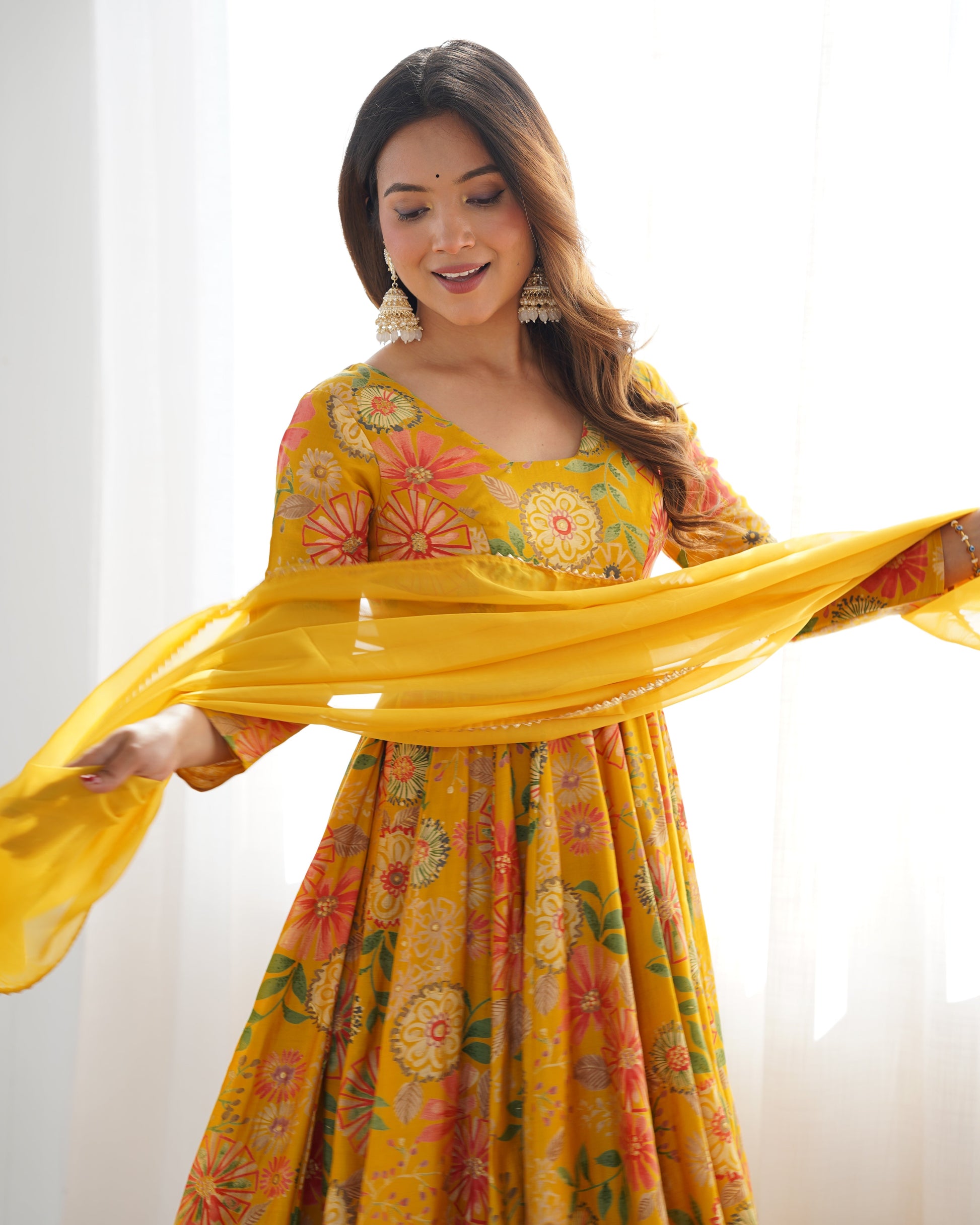 Lorenvalley Women Pure Soft Roman silk Chanderi Discharge Print Fabric Kediya Kurta Palazzo with Dupatta Set - Yellow - Swadesiicart