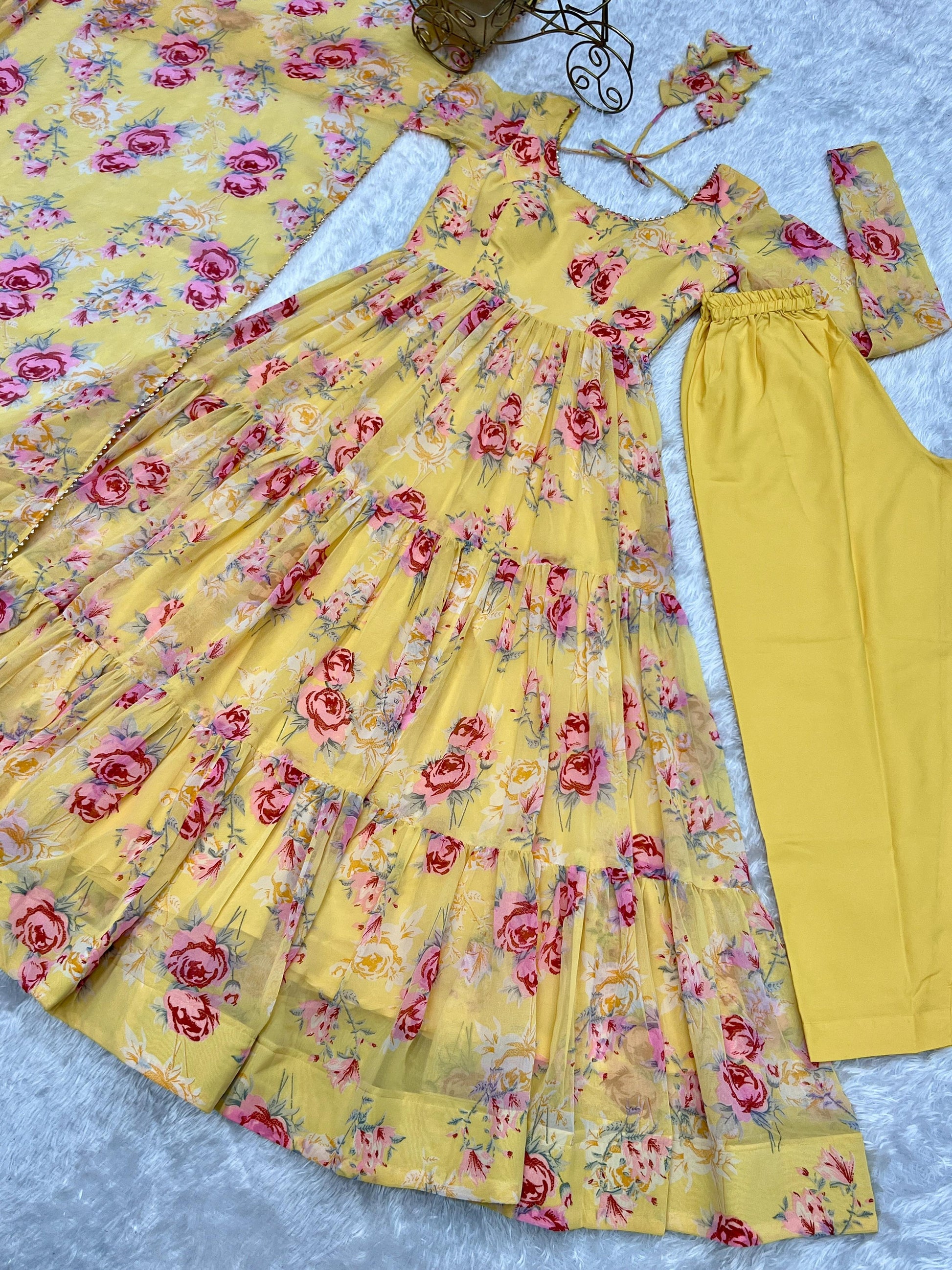 Lorenvalley Women Pure Soft Faux Georgette Floral Print Fully Flair Anarkali Kurta Pant With Dupatta Set - Yellow | Swadesiicart