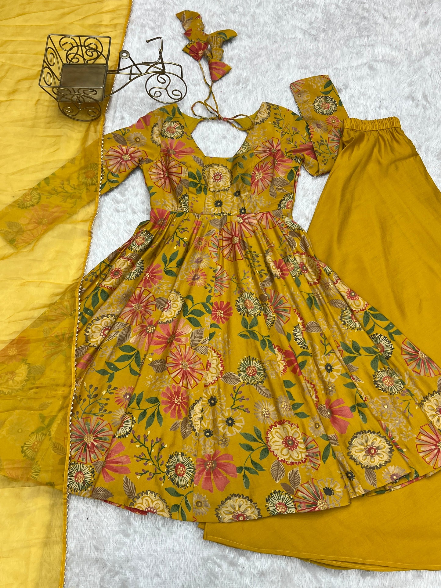 Lorenvalley Women Pure Soft Roman silk Chanderi Discharge Print Fabric Kediya Kurta Palazzo with Dupatta Set - Yellow - Swadesiicart