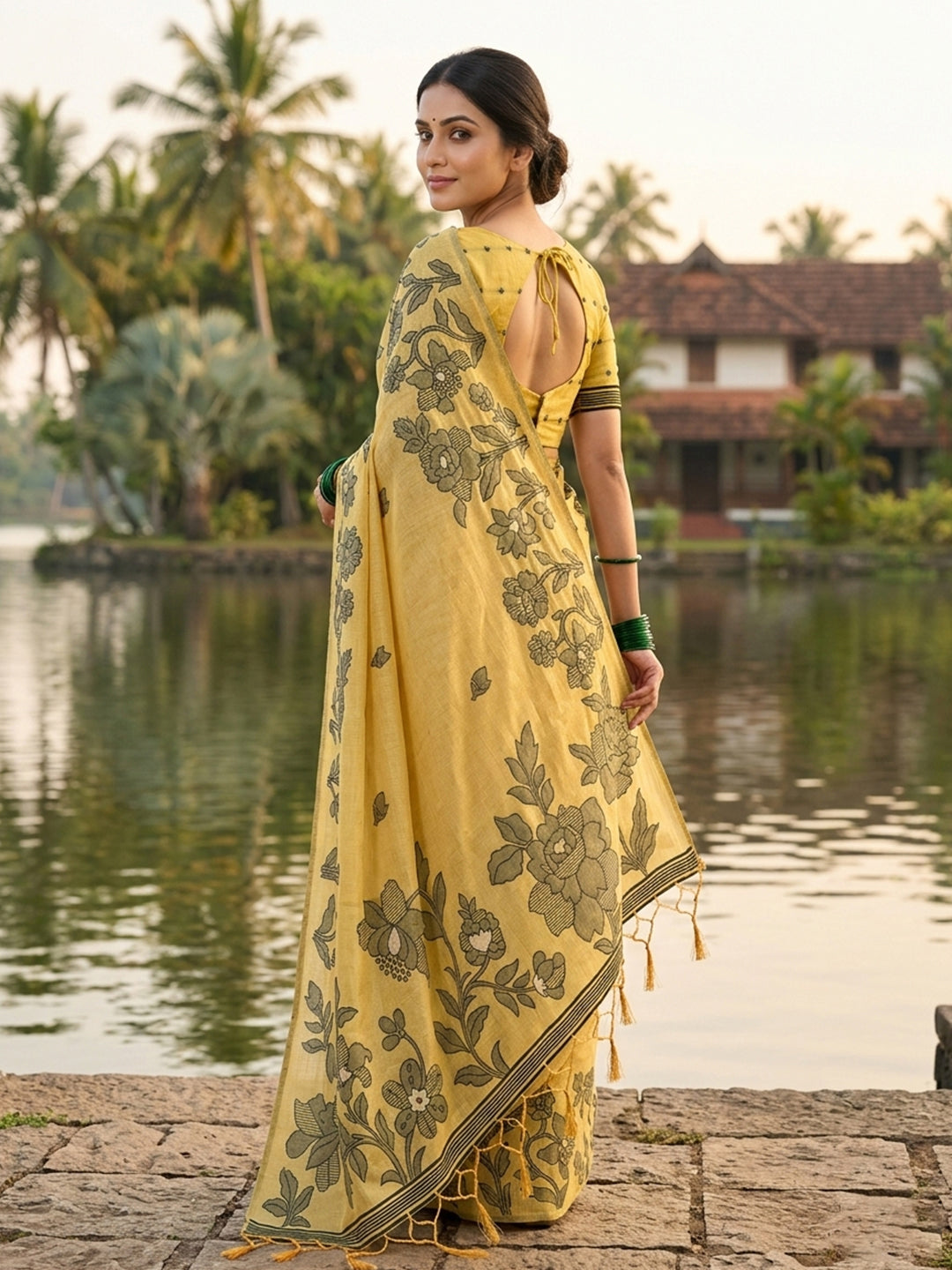 Anaita Yellow Linen Printed Saree With Blouse