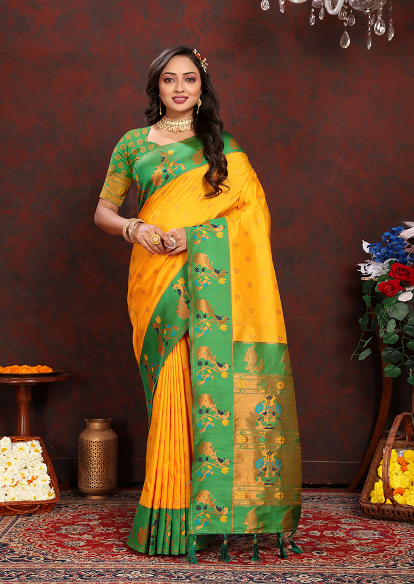 Lorenvalley Fashion Yellow Soft Paithani Silk Woven Design Rich Zari Meenakari Weaving Saree - Swadesiicart