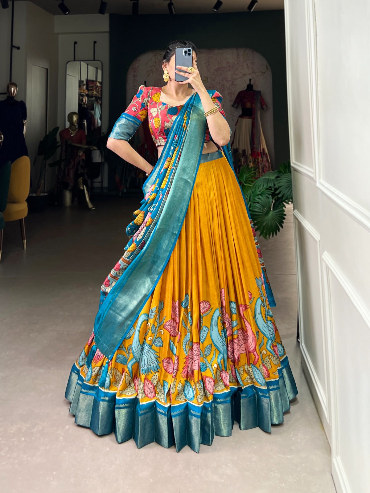 Lorenvalley Yellow Dola Silk and Jacquard Silk Printed (Kalamkari) With Zari Weaving Border Lehenga Choli | Swadesiicart
