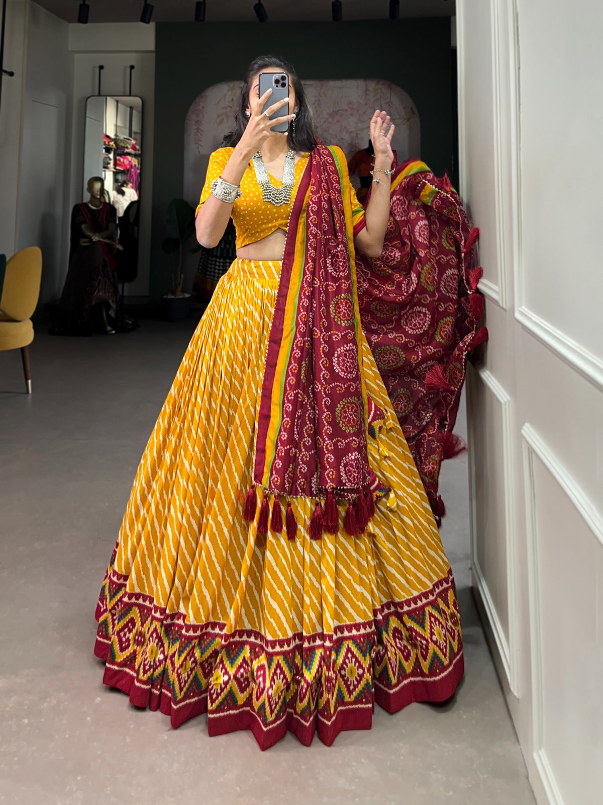 Lorenvalley Yellow Tussar Silk Lehenga Leheriya Patola Print Border With Choli Bandhej Print With Bandhej Print Gotta Patti Lace Border Dupatta | Swadesiicart