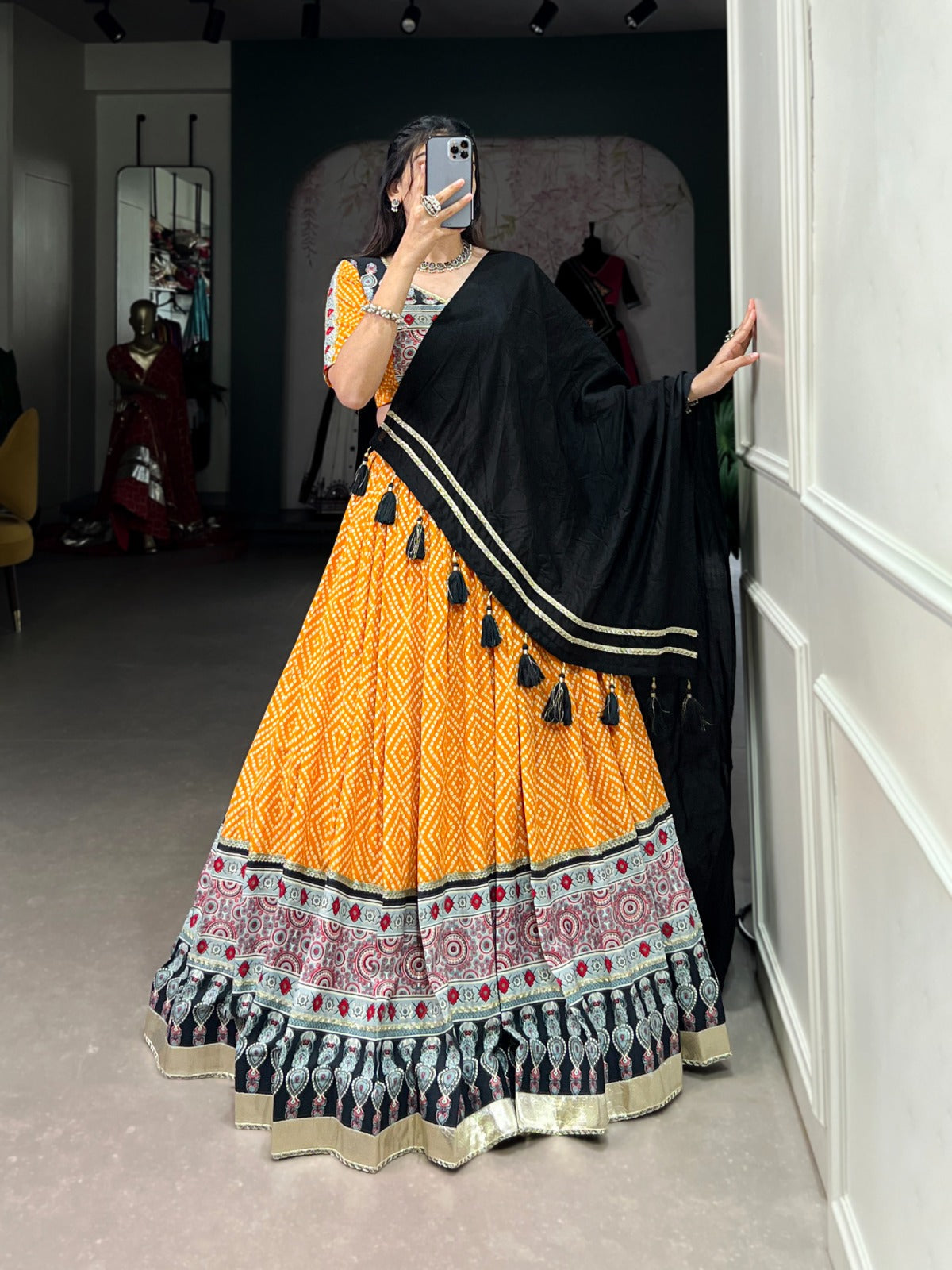 Lorenvalley Yellow Rayon with Bandhej And Ajarakh Print With Embossed Design Gota Lace Touch up Lehenga Choli | Swadesiicart