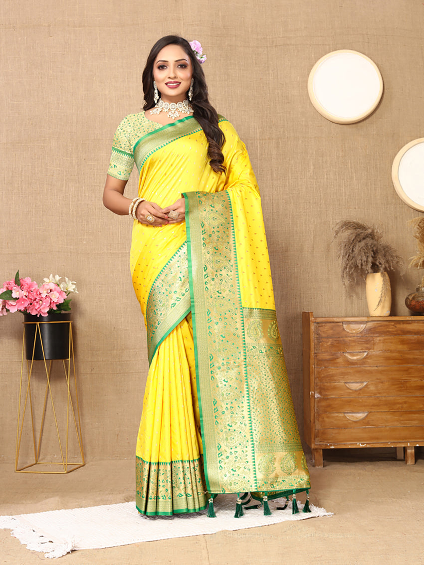 Lorenvalley Fashion Yellow Soft Silk weaving Design Rich Zari Weaving Saree - Swadesiicart