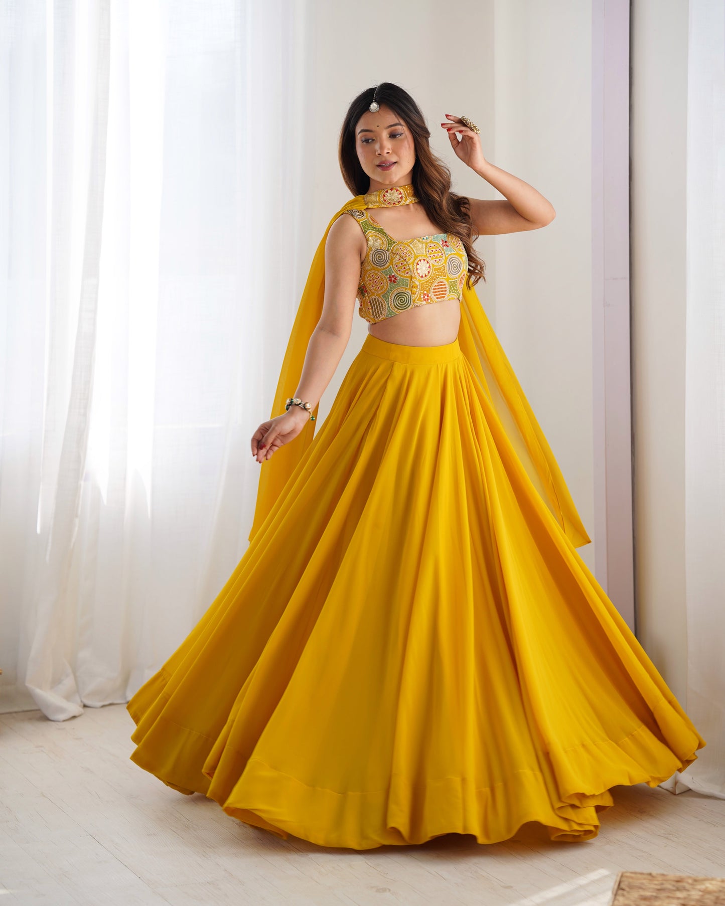 Lorenvalley Yellow Faux Georgette Stitched Lehenga Embroidery Blouse with Dupatta | Swadesiicart