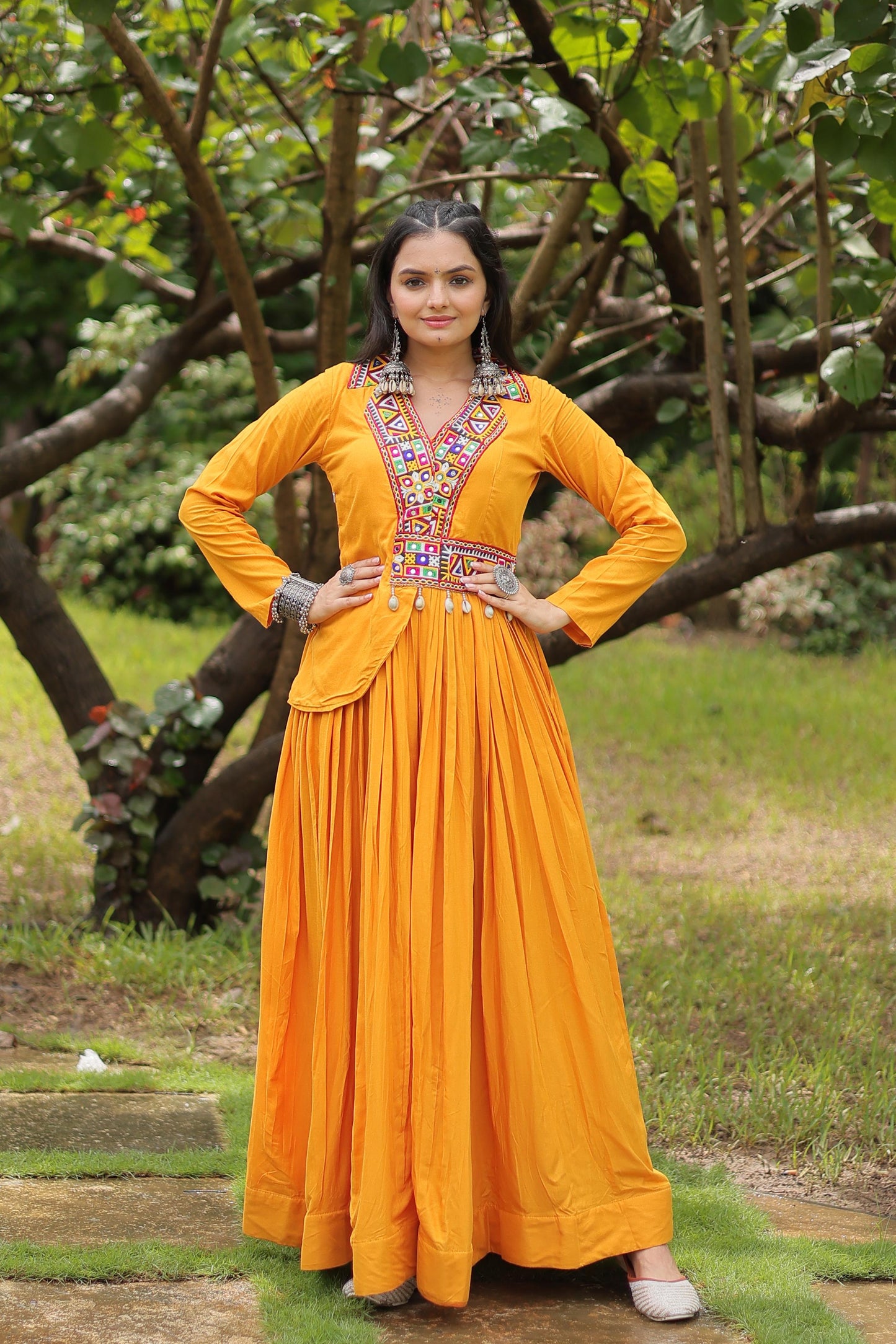 Lorenvalley Yellow Rayon Fabric With Kutchi Gamthi Work Gown | Swadesiicart