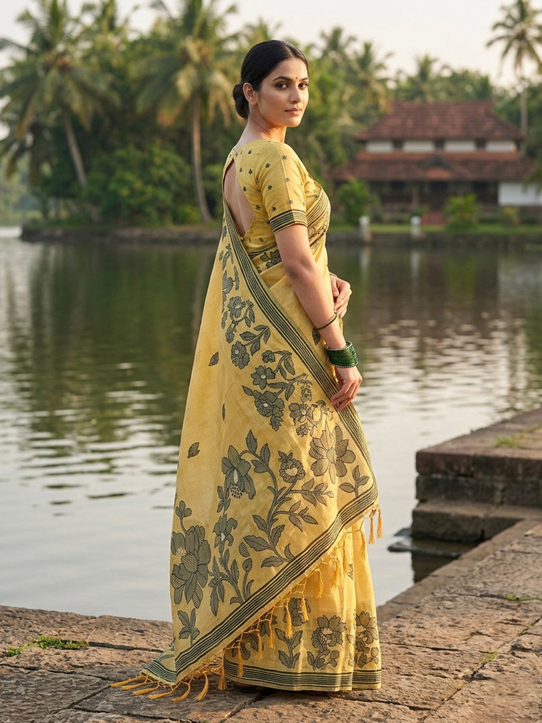 Anaita Yellow Linen Printed Saree With Blouse