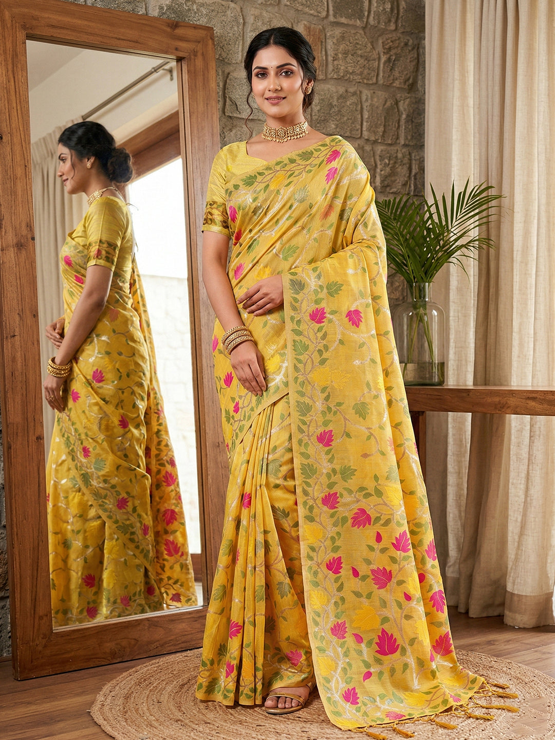 Anaita Yellow Linen Woven Work Saree With Blouse