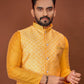 Anaita Yellow Jacquard Silk Straight Kurta With Koti & Pajama