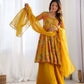 Lorenvalley Women Pure Soft Roman silk Chanderi Discharge Print Fabric Kediya Kurta Palazzo with Dupatta Set - Yellow - Swadesiicart