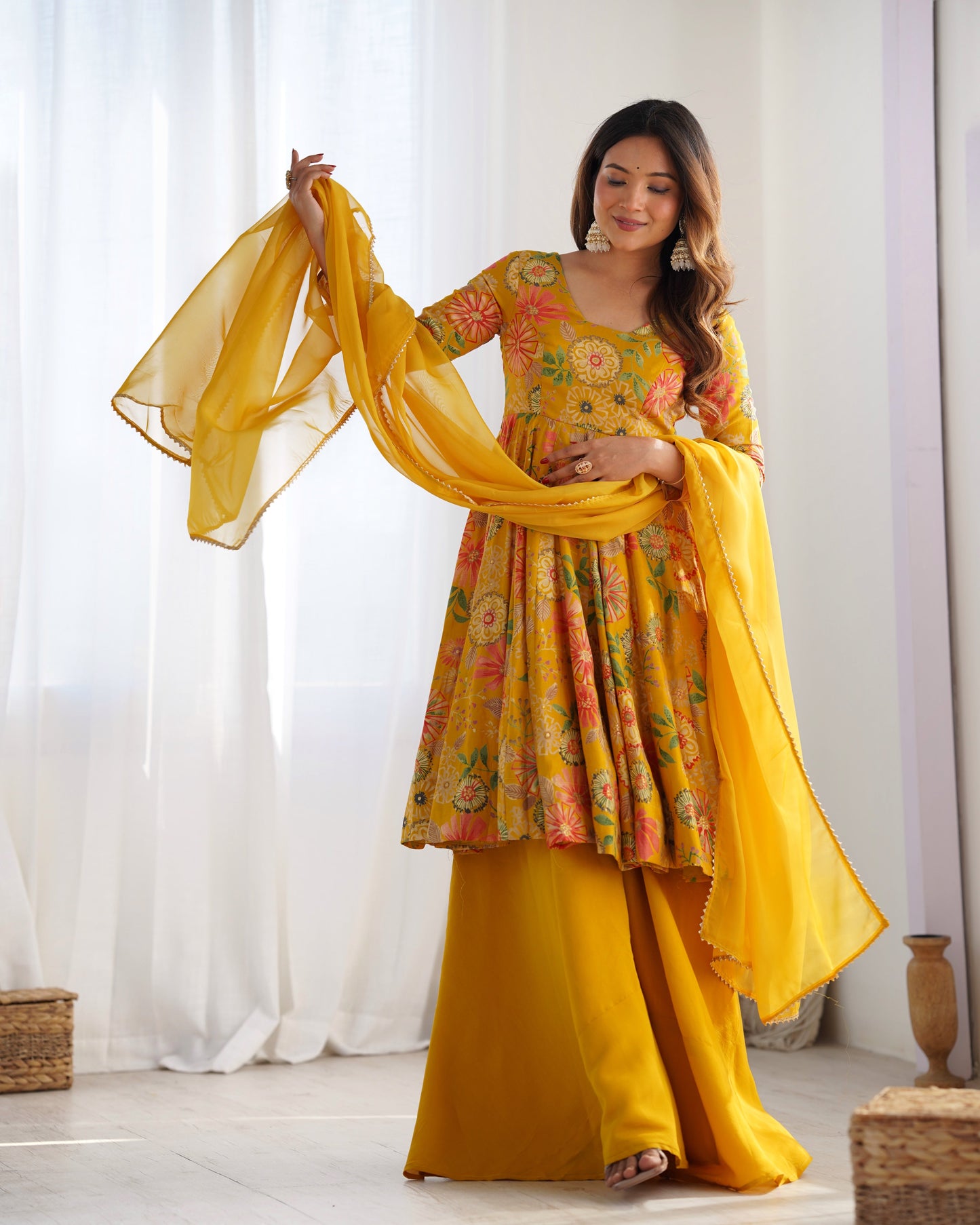Lorenvalley Women Pure Soft Roman silk Chanderi Discharge Print Fabric Kediya Kurta Palazzo with Dupatta Set - Yellow - Swadesiicart