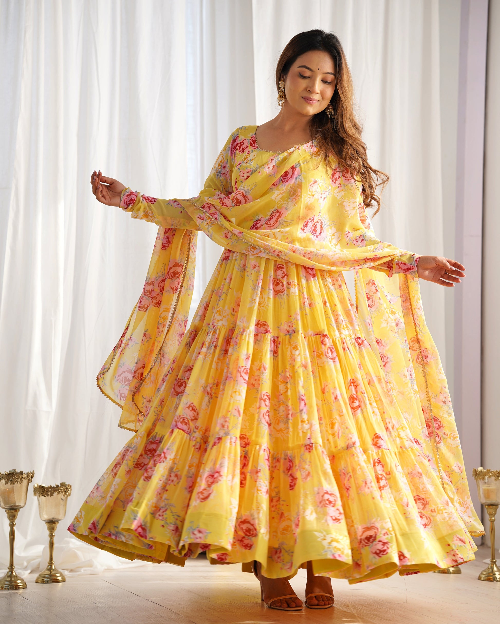 Lorenvalley Women Pure Soft Faux Georgette Floral Print Fully Flair Anarkali Kurta Pant With Dupatta Set - Yellow | Swadesiicart