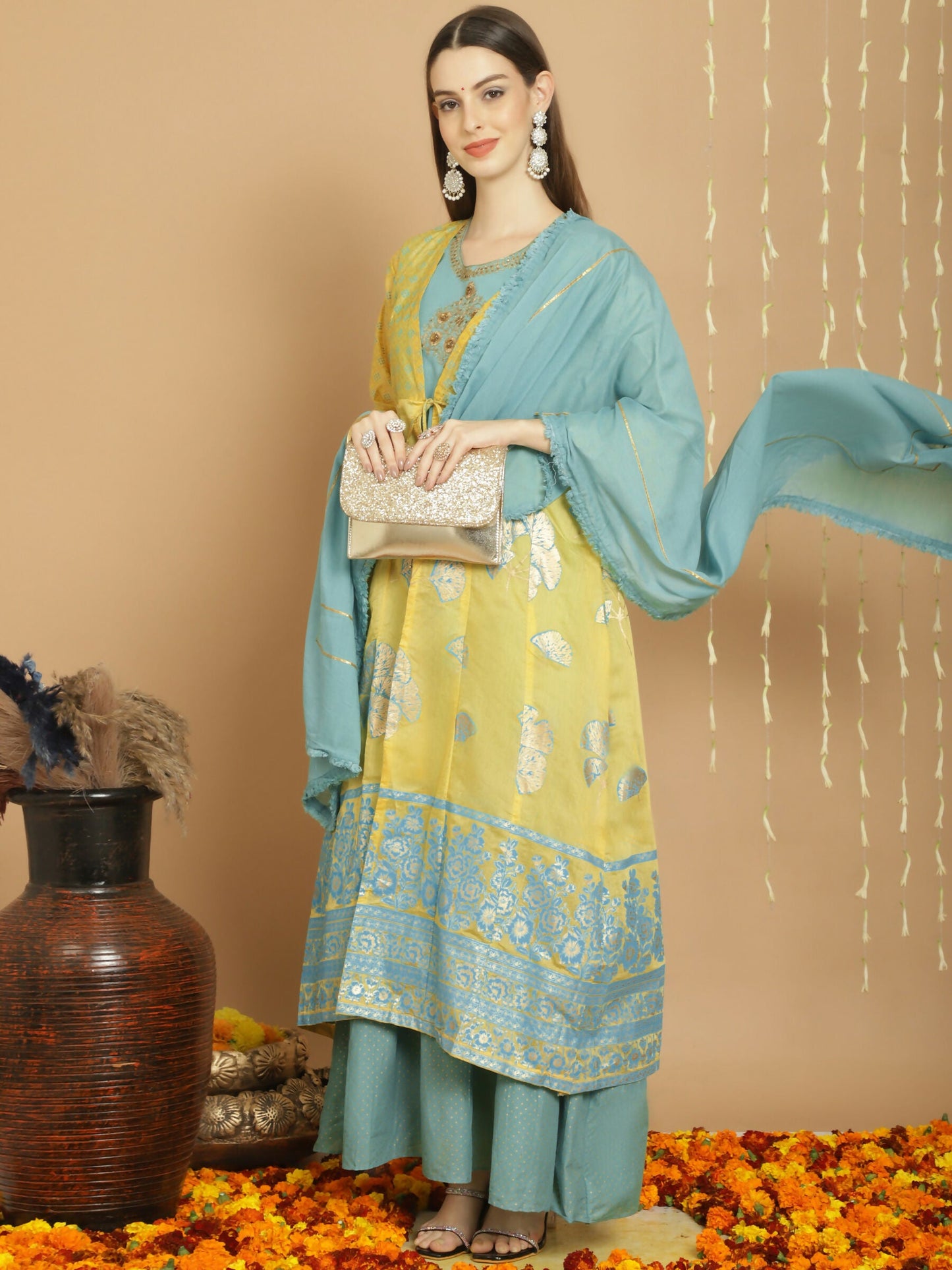 Jyoti Fashion Women's Yellow Chanderi Silk Elegant Jardoshi Kurta with Trouser & Dupatta | Swadesiicart