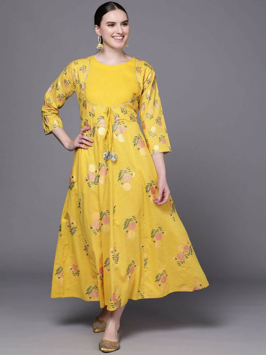 Ahalyaa Women Yellow Floral Fit & Flare Maxi Ethnic Dress | Swadesiicart