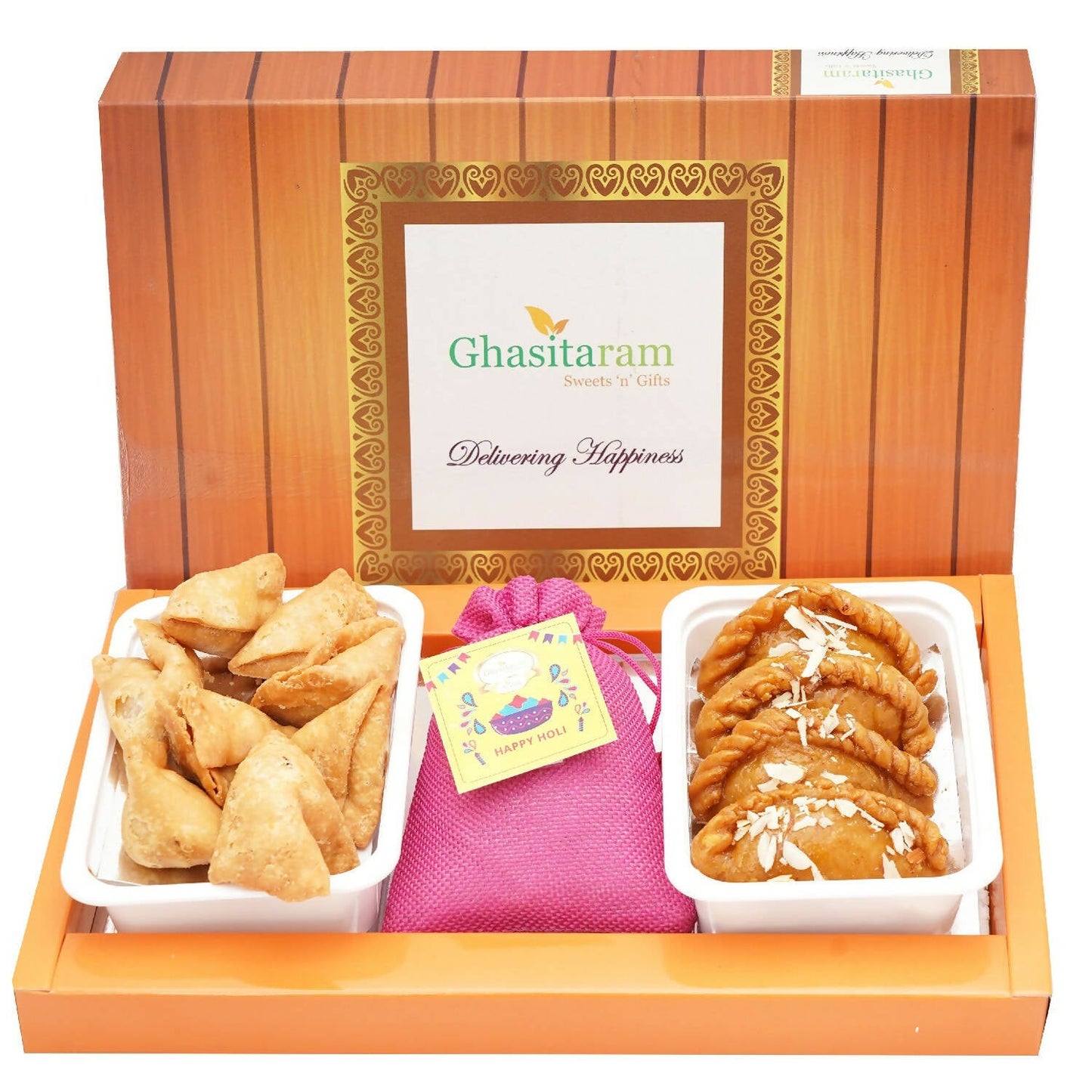 Ghasitaram Assorted Box of Gujiyas, Farsan Samosa and Thandai | Swadesiicart
