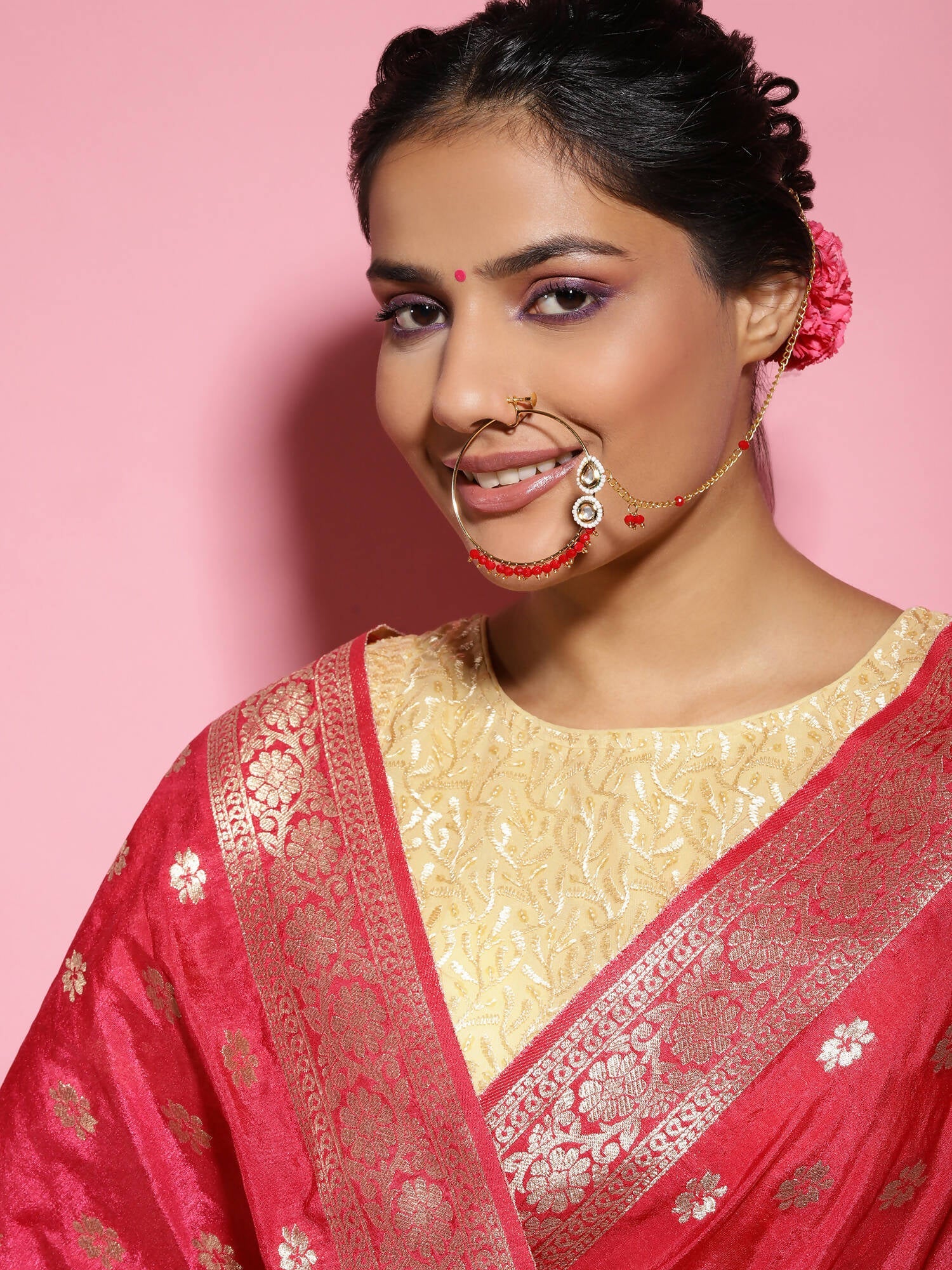 Gold-Polished White Red Kundan-Studded Pearl Beaded Nosepin - Ruby Raang | Swadesiicart