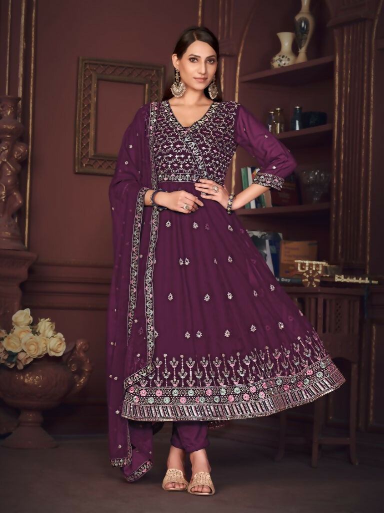 Jyoti Fashion Women's Purple Georgette Embroidered Anarkali Kurta Pant Set With Dupatta | Swadesiicart