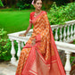 Vishnu Weaves Women's Orange Handloom Raw Silk Zari Woven Saree with Blouse - Swadesiicart