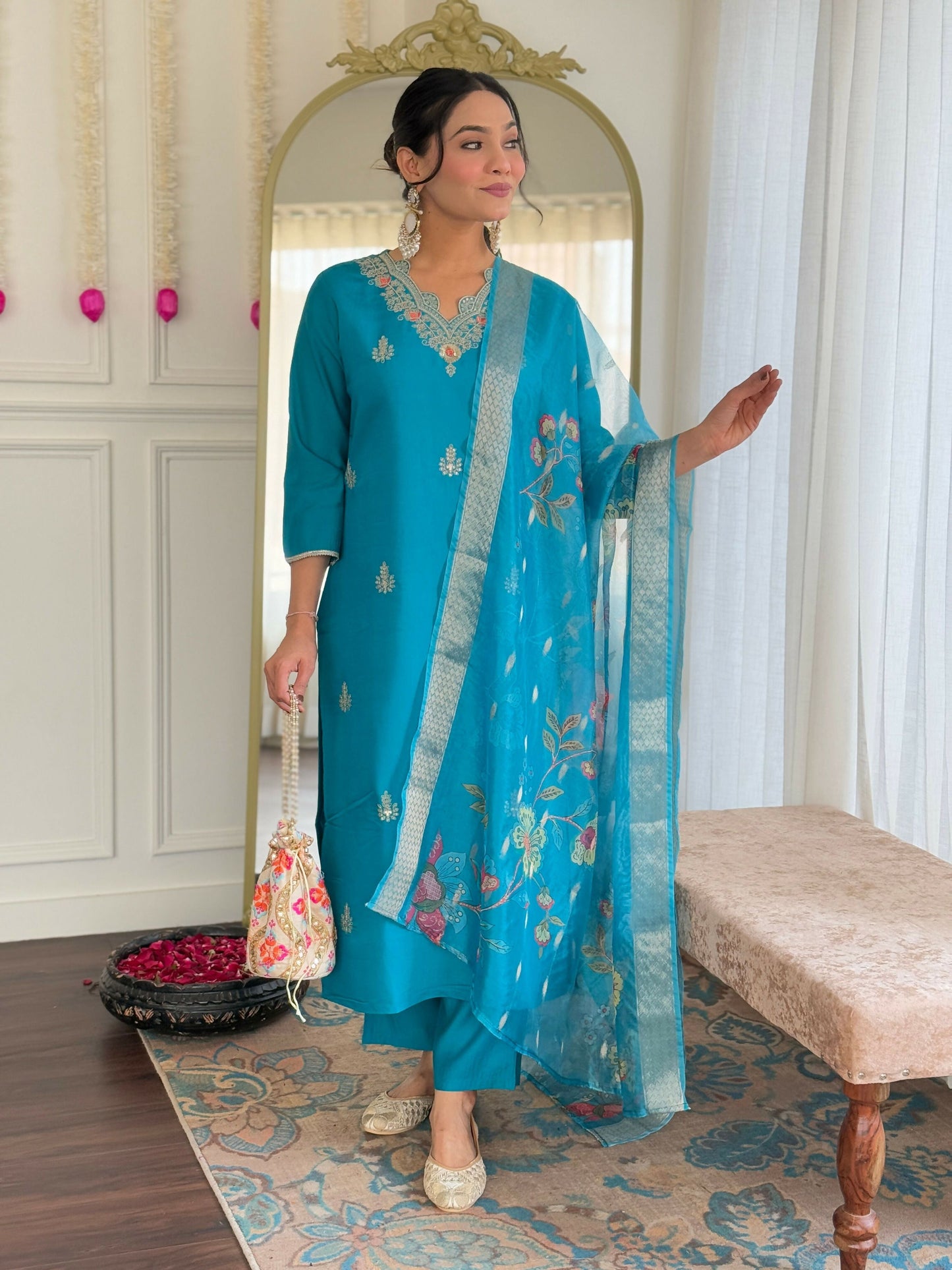 The52 Blue Women's Gorgeous Viscose Fabric Embroidered Work Straight Kurta, Pant and Dupatta Set - Swadesiicart