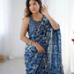 Blue Chinon Designer Digital Printed,Mirror Cut Work Saree - Manvika