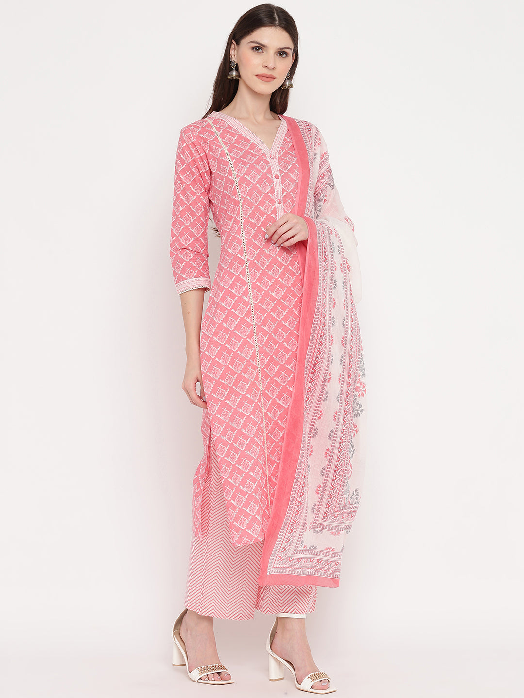 NOZ2TOZ Women Light Pink Cotton Kurta With Palazzo & Dupatta (3Pcs Set) - Swadesiicart